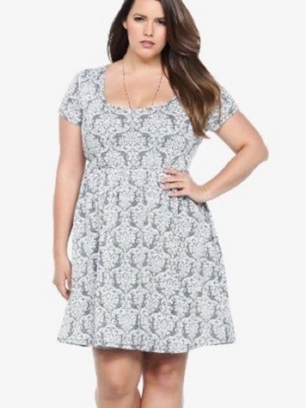 Torrid Gray Floral-Pattern Short Sleeve Skater Dress